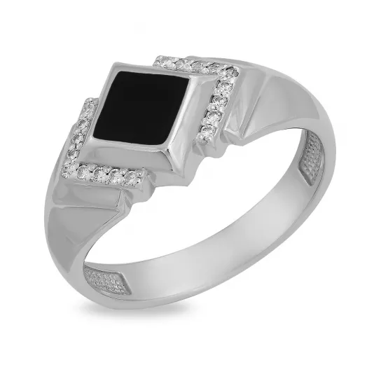 Кольцо-печатка с фианитом и эмалью из серебра